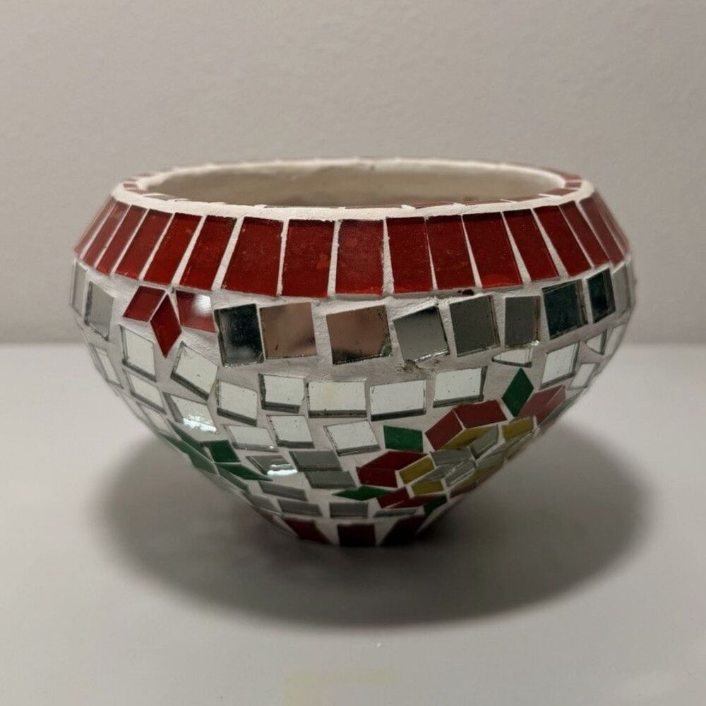 Artisan Mosaic Glass Bowl - Red & Mirrored Tiles - Unique Decorative Centerpiece